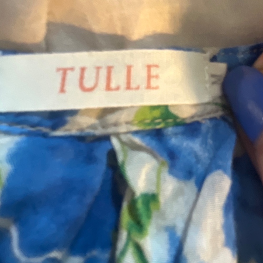 Tulle for Anthropologie Blue and White Floral Midi Dress with Ruched Waist - Picture 3 of 10